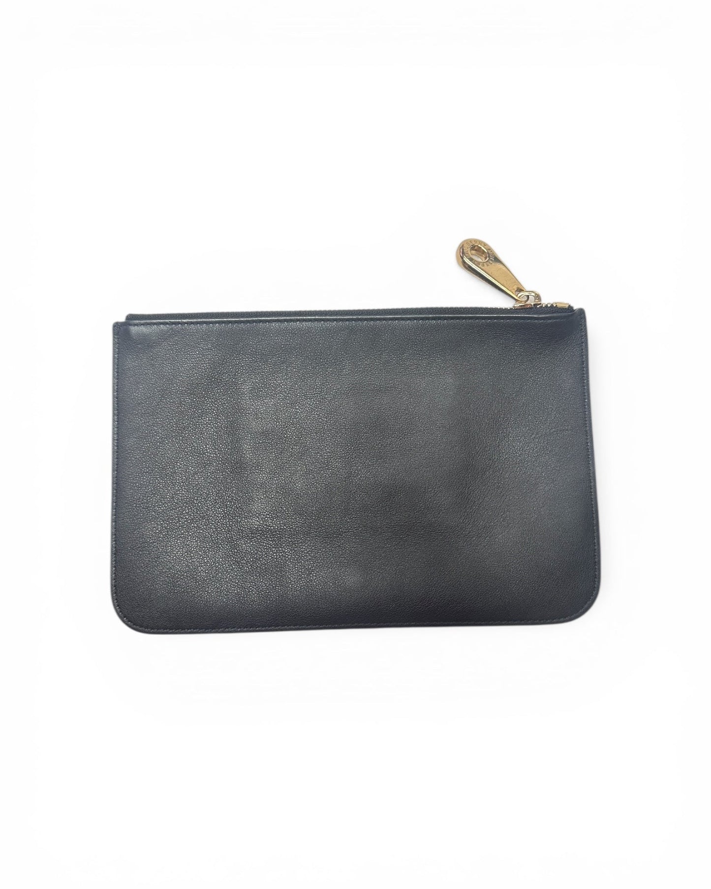Black leather pouch with a gold zipper on a white background