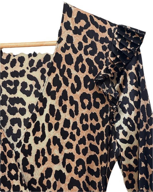 Leopard Print 100% Silk Long Flowing Tie Dress Size UK 8