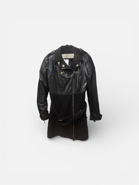Burberry Leather and Wool Biker Longline Jacket Size UK 10