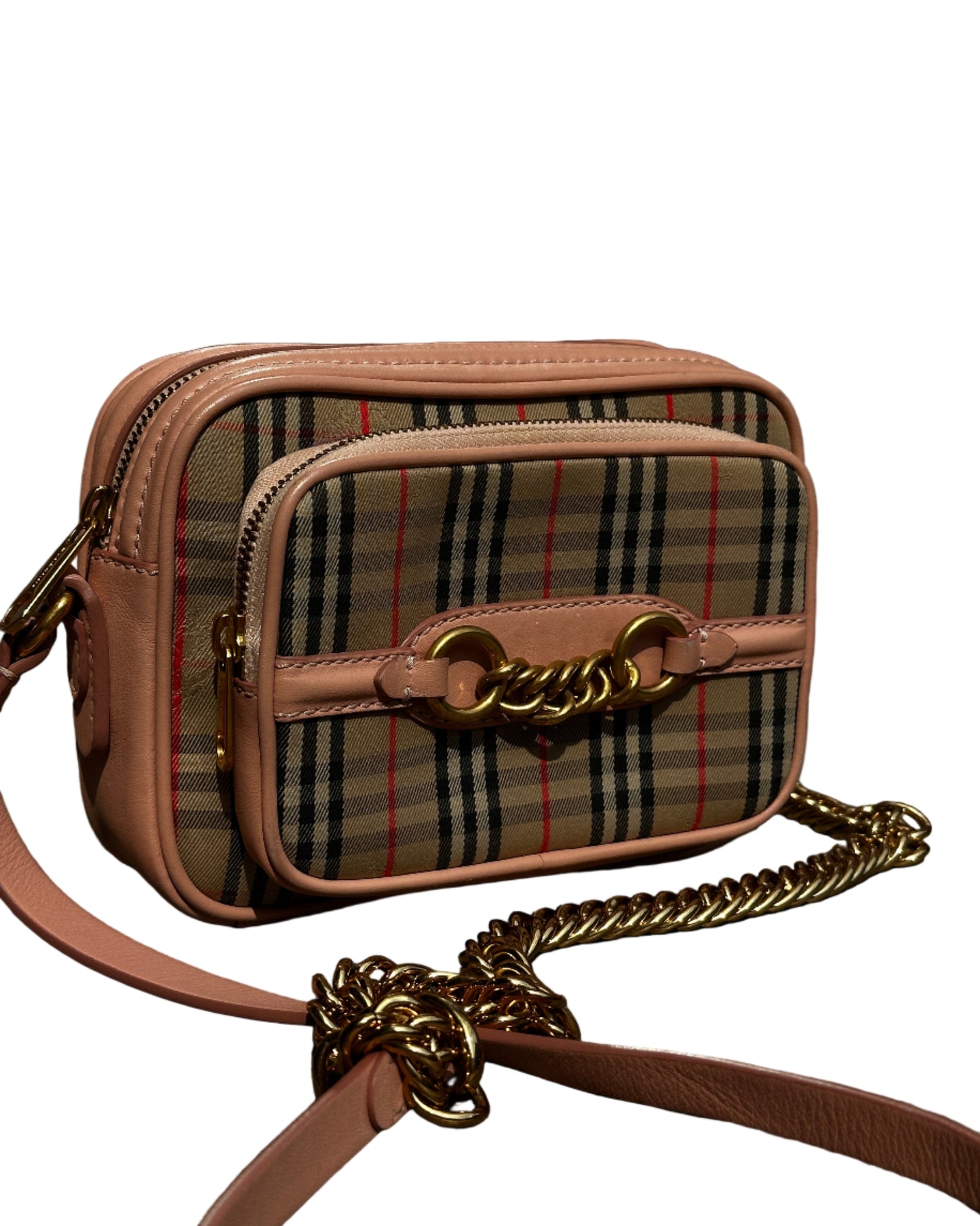 Burberry 1983 Knight Check Canvas and Calfskin Link Camera Crossbody Bag