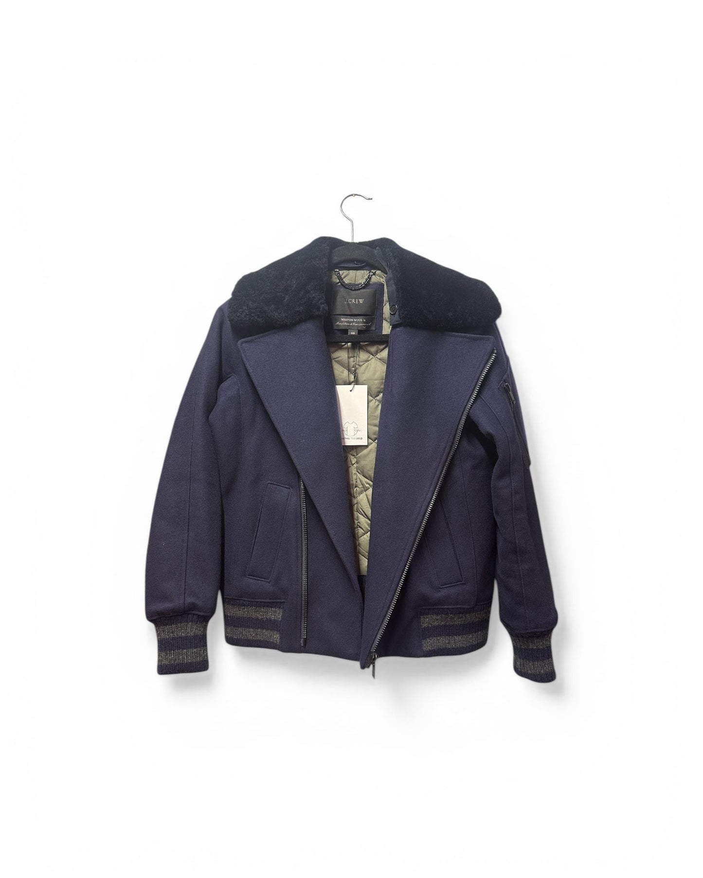 J Crew Bomber Style Shearling Navy Blue Jacket Size XS