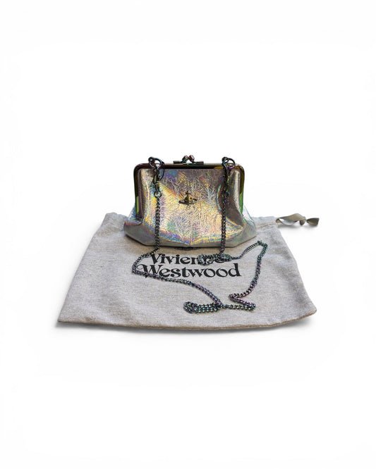 Granny Frame Iridescent Pink Vegan Purse On A Chain