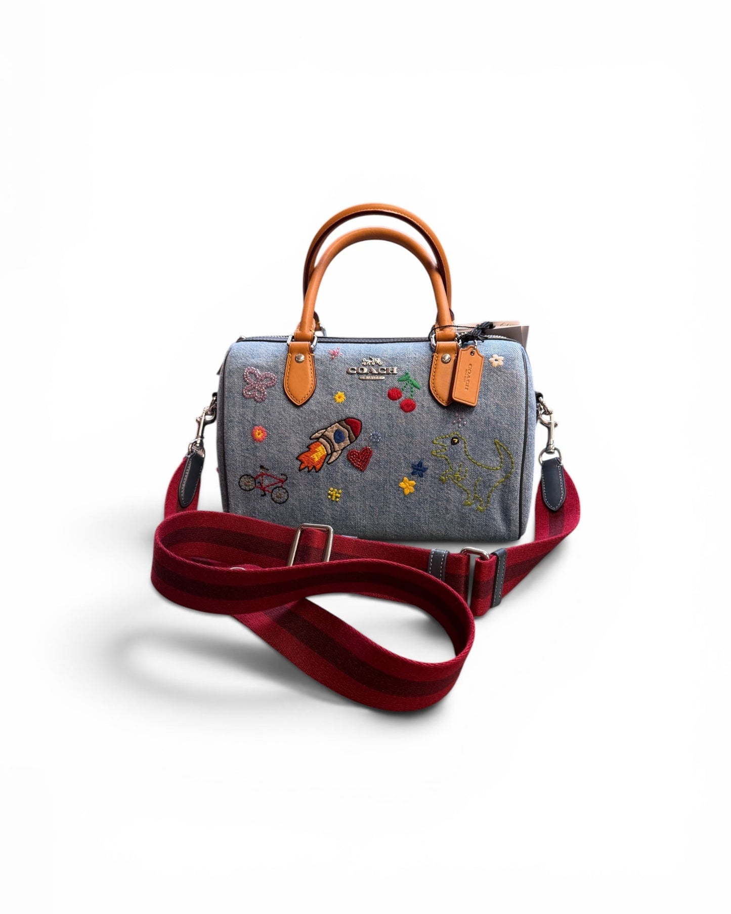 COACH Rowan Satchel Bag In Signature Denim With Patches And Embroidery