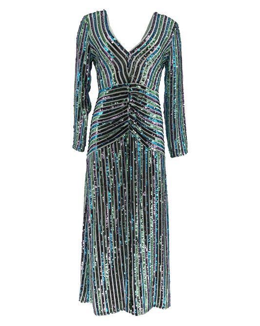 Rixo Emmy Multistripe V Neck Dress - Size UK 10